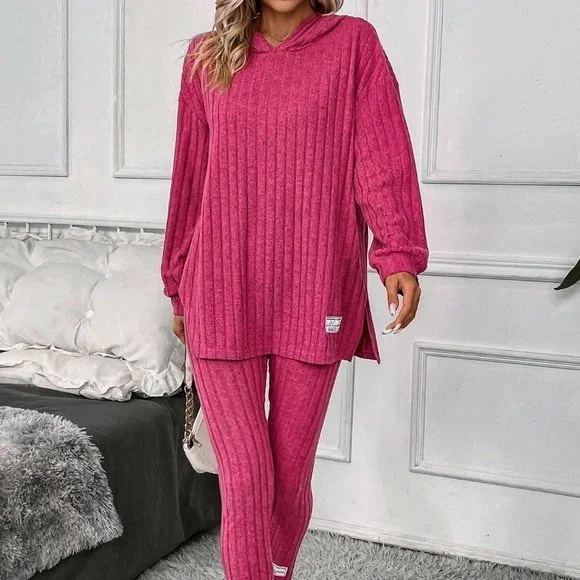 Hot Pink Casual Womens Drop Shoulder Split Hem Hoodie & Leggings - Picture 4 of 5